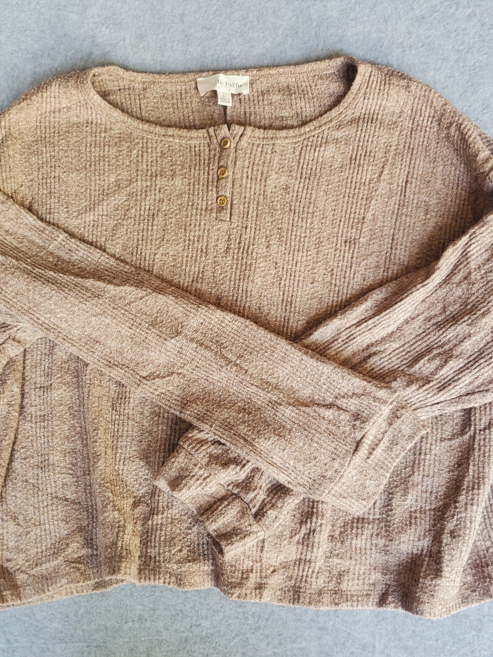 Long Sleeve Ribbed Henley Top in Taupe